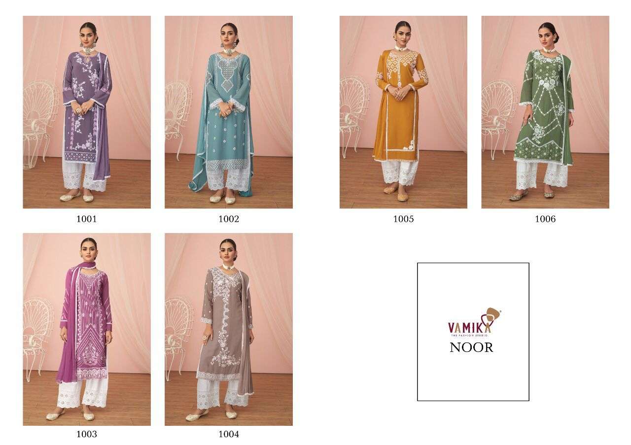 Vamika-noor-fabric-georgette-embroidery-work-straight Line- Kurti- Pure Cotton-Lycra-pant-nazmin-4 Side Border-less-dupatta-Index